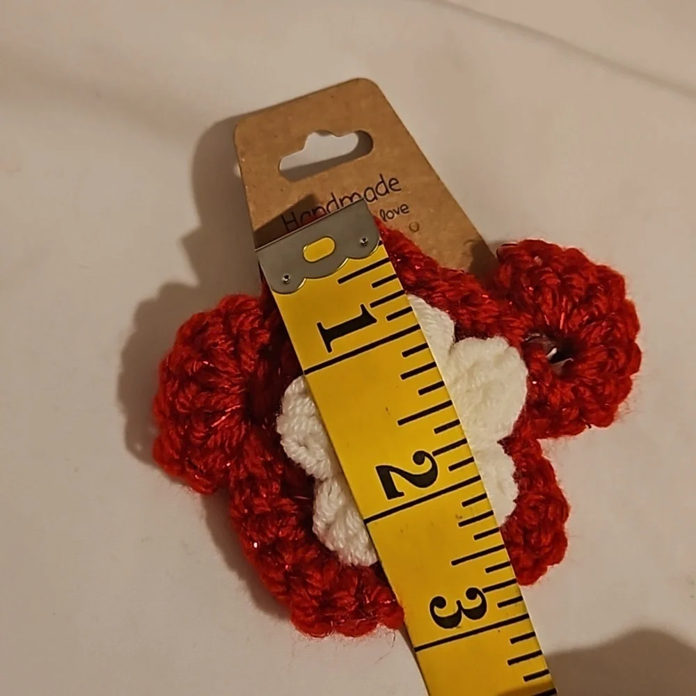 Hand Crafted Hand Knit Crochet Red White yellow puffy flower TikTok fashion bow